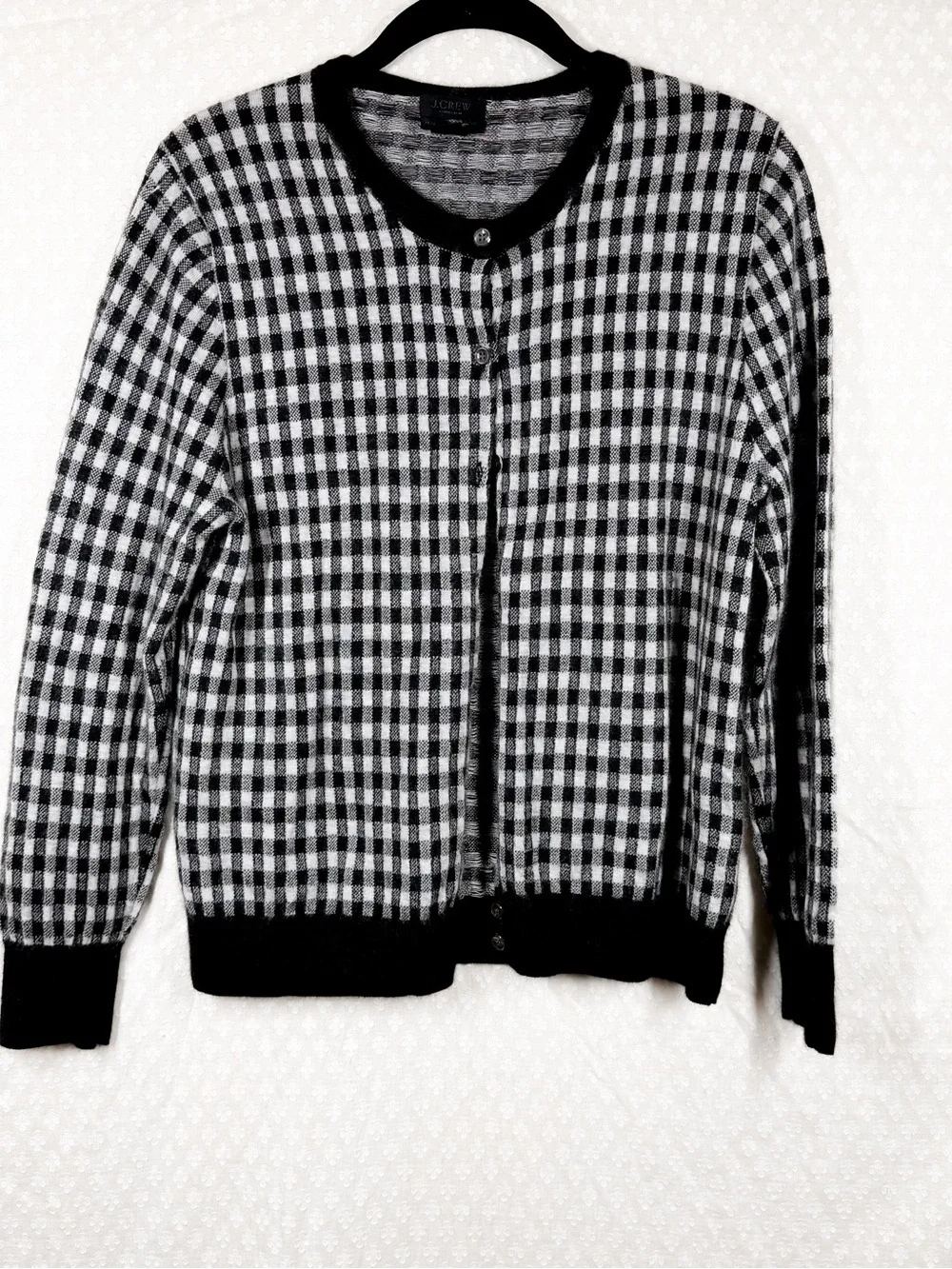 J. Crew Collection Women Cardigan Sz M Black White Gingham 100% Italian Cashmere